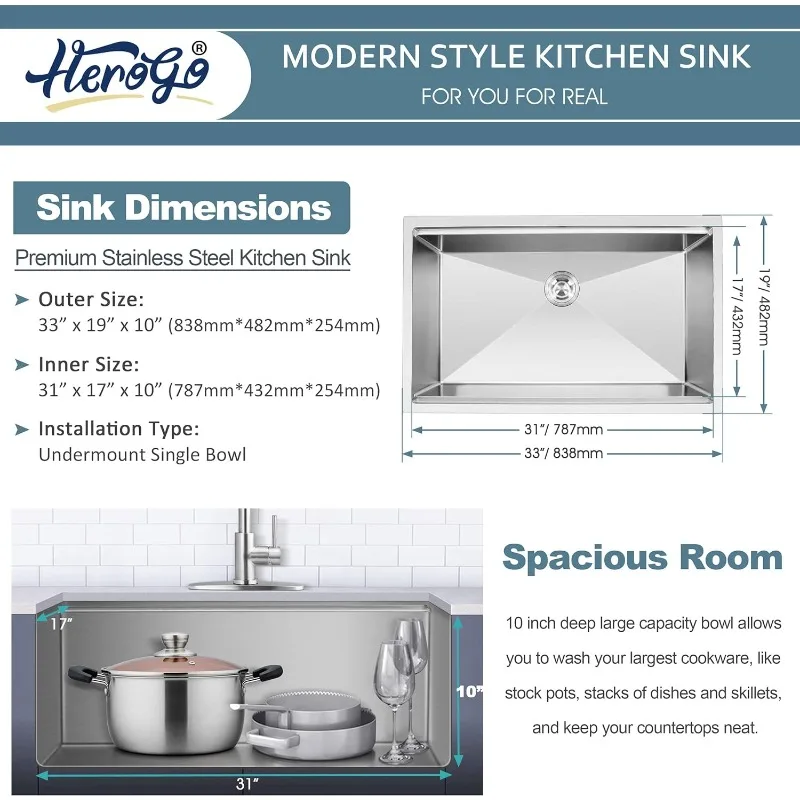 Herogo 33x19Inch Undermount Kitchen Sink, Stainless Steel Single Bowl Kitchen Workstaion Sink Basin