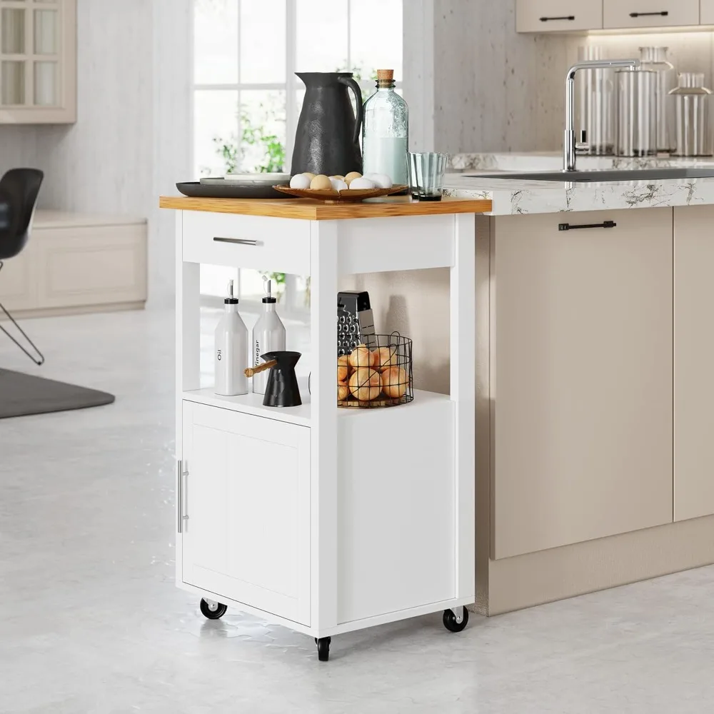 

Kitchen Island Cart with Storage,Rolling Side Table on Wheels with Worktop,Single Door Cabinet and Drawer for Dinning Room, Whi