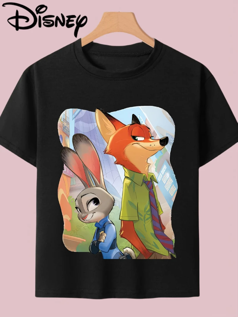 Zootopia Judith Nick 남성과 여성을위한 프린트 퓨어 코튼 티셔츠 오버 사이즈 패션 캐주얼 다목적 여름 반팔 티셔츠