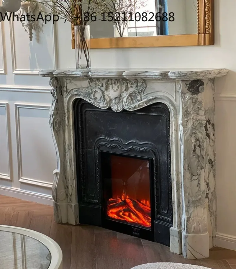 SCY Light Luxury Marble Fireplace Living Room Stone Carving Large Floral White Fireplace Rack Villa Fireplace Decoration