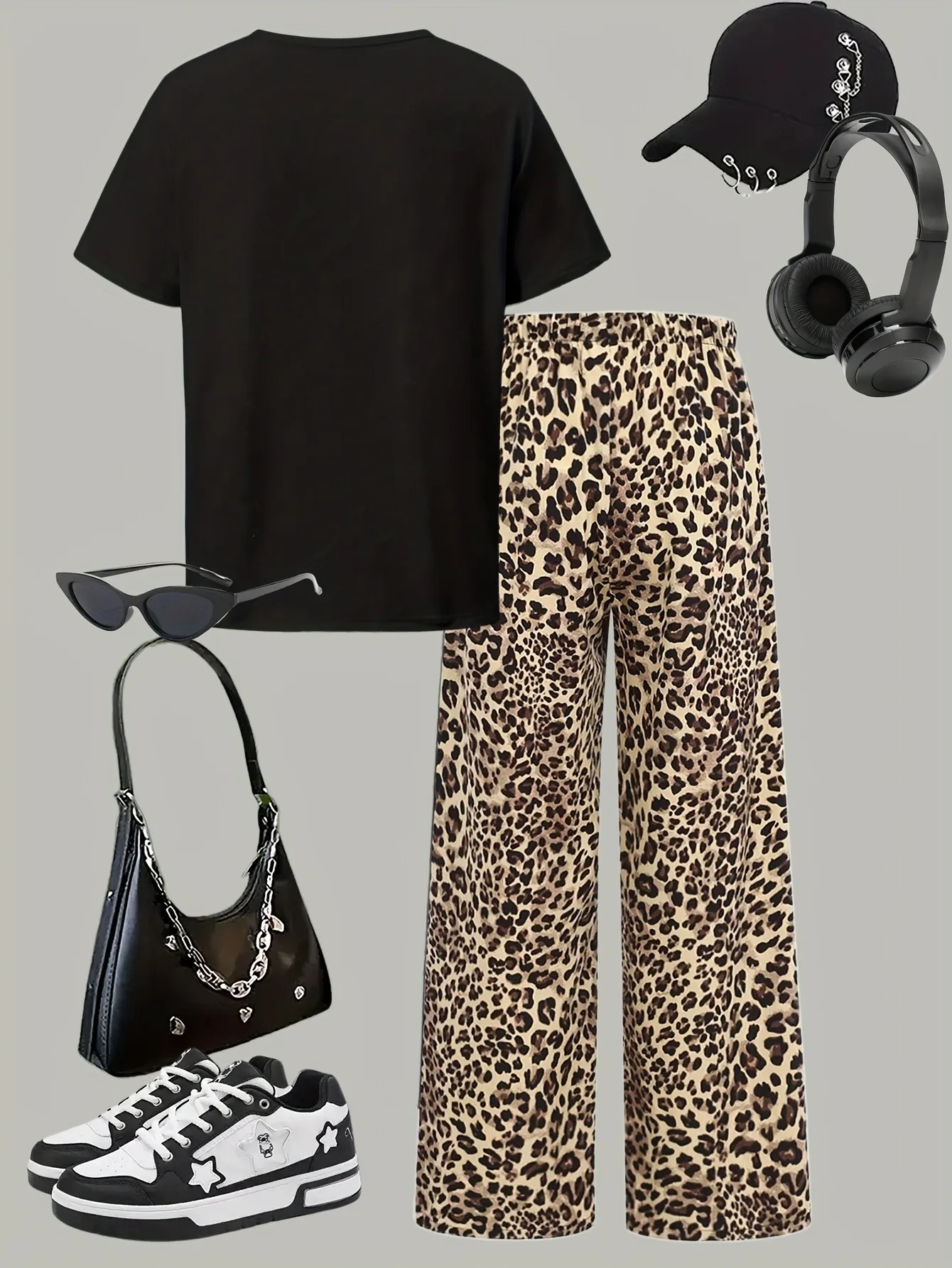 Comfy Girls 2‑Piece Set, Soft Breathable Cartoon Print Top + Leopard Print High Waist Wide Leg Pants for Outdoor & Clubwear
