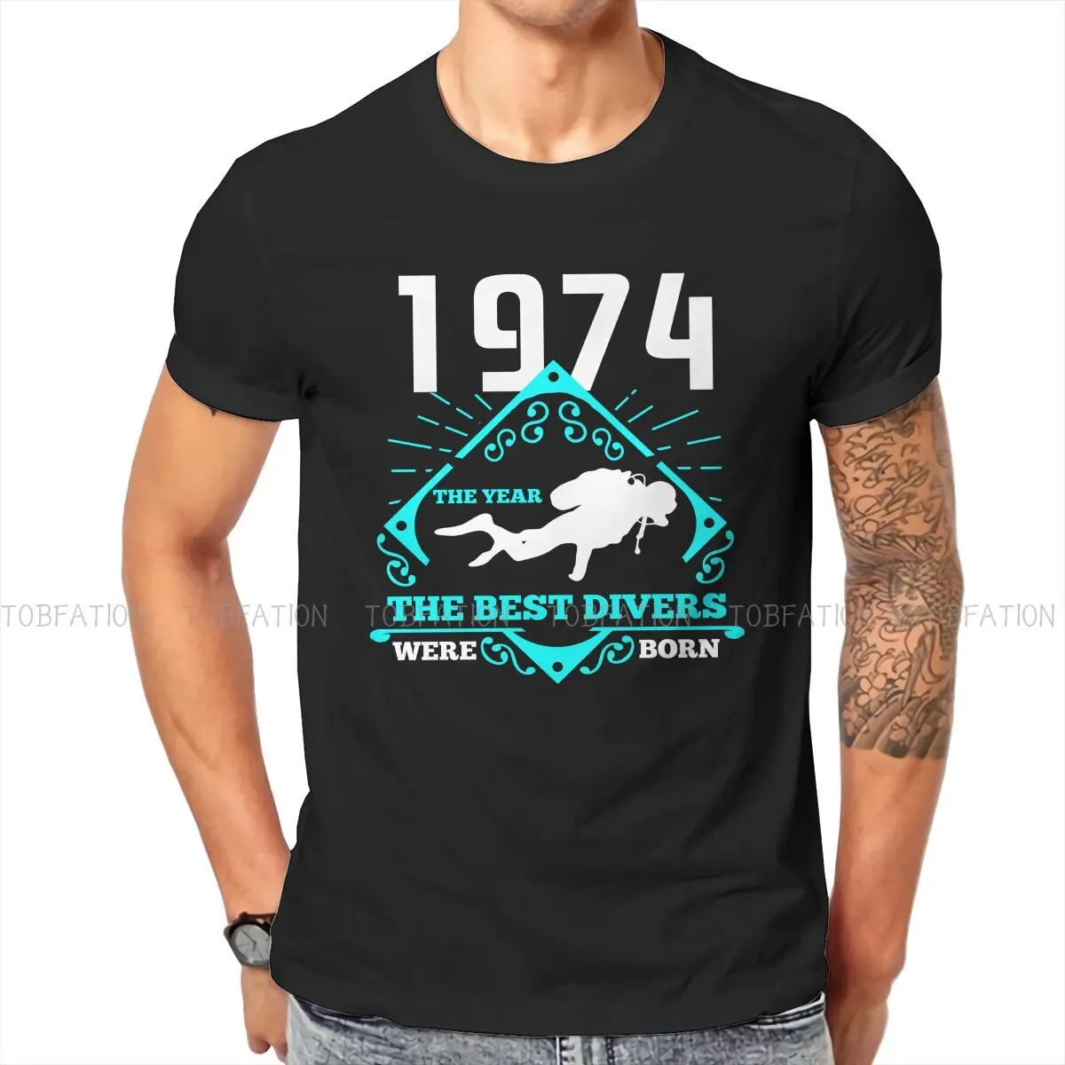 1974 Born Round Collar TShirt Dive Scuba Diving Fabric Basic T Shirt Man\'s Tops Fashion Oversized