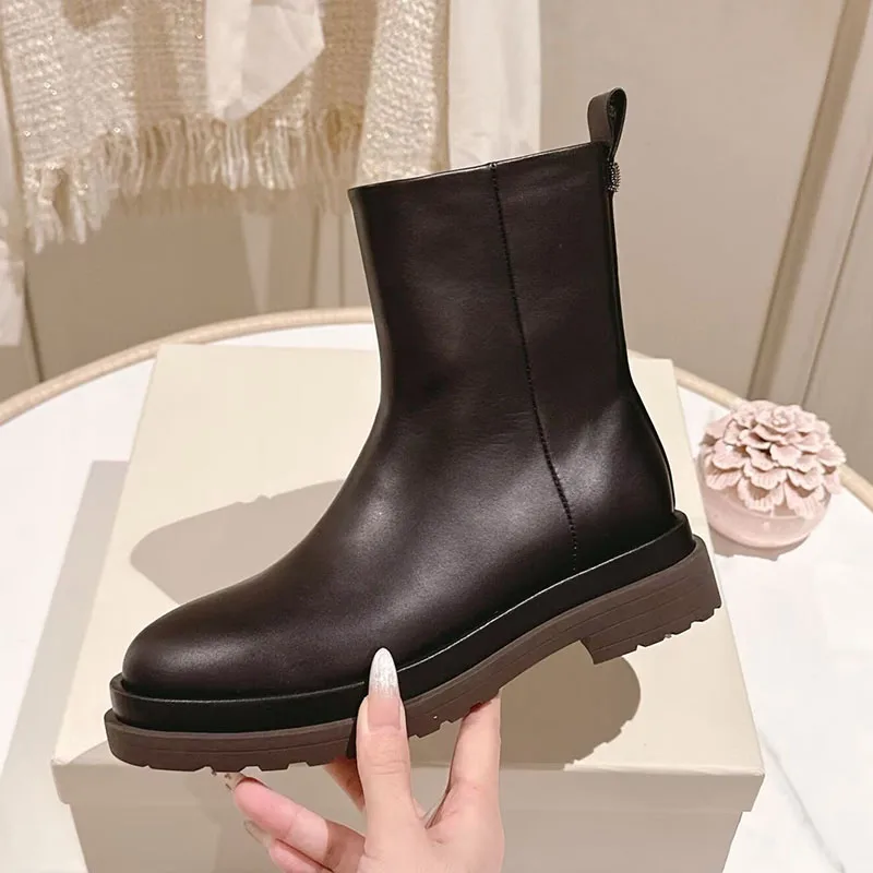 

Ботильоны из натуральной кожи с круглым носком и боковой молнией, женские короткие ботинки на толстой подошве, осенне-зимние ботинки для верховой езды в стиле ретро
