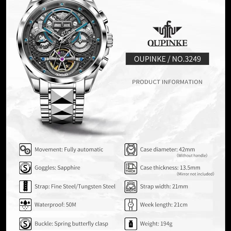 OUPINKE 3249 Automatic Watch for Men Swiss Certificated Brand Men\'s Wristwatches Skeleton Hollow Man Watch Relogio Masculino