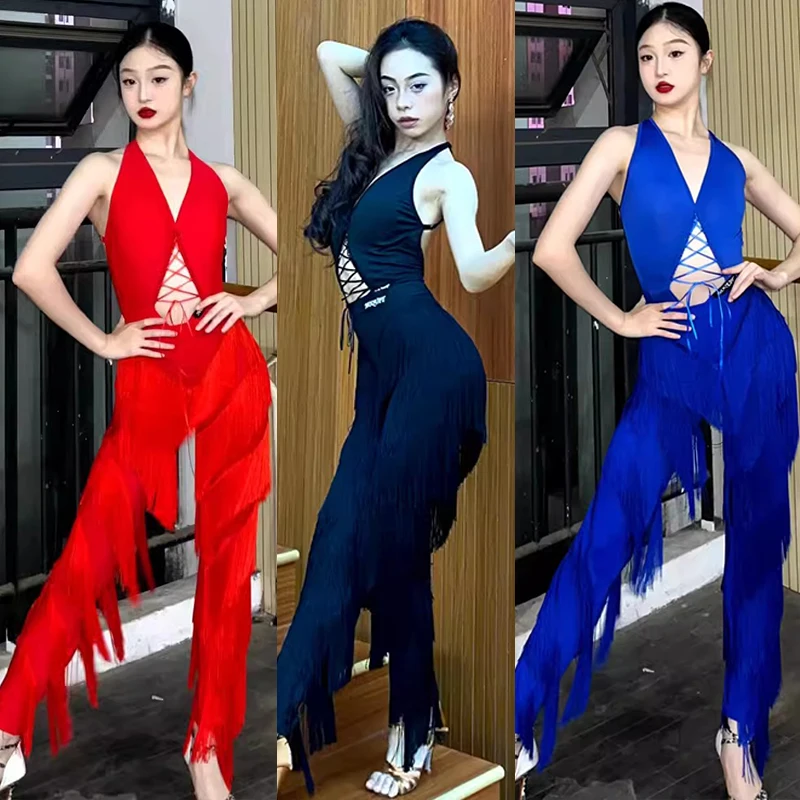 New Latin Dance Clothes Women Backless Black Tops Tassel Pants Cha Cha Performance Costume Samba Rumba Dance Outfits DNV18716