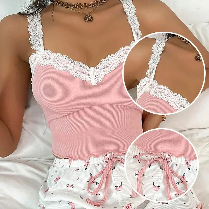 

Home wear lace camisole shorts set, comfortable and stretchy, suitable for casual wear at home and women's sleepwear