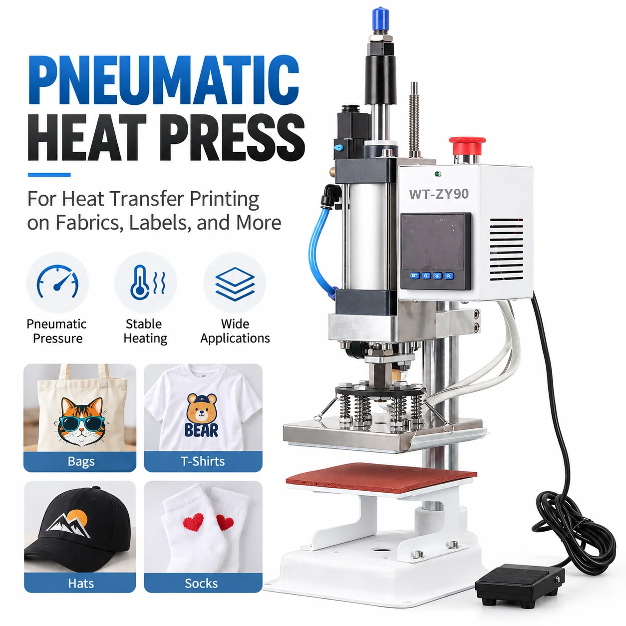 AOLIVIYA Pneumatic Heat Press Machine Heat Transfer Printing Press T Shirt Garment Label Sublimation Printer