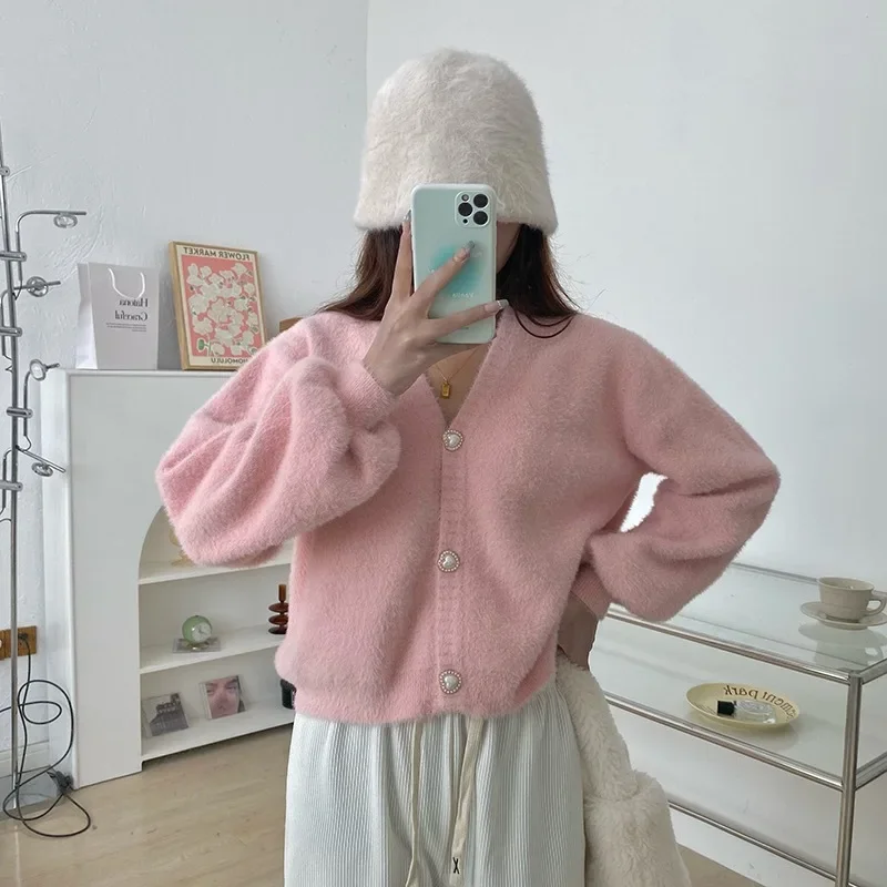 Women Short Fluffy Winter Knit Top Cute Sweet V-Neck Long Sleeve Button Up Sweater Girls Fleece Knitted Cardigan Sweet Knitwear