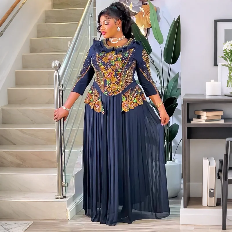2026 African Elegant Dress Luxury Turkey Wedding Evening Party Long Dress Plus Size Women's Clothing Patchwork Pleated Skirt