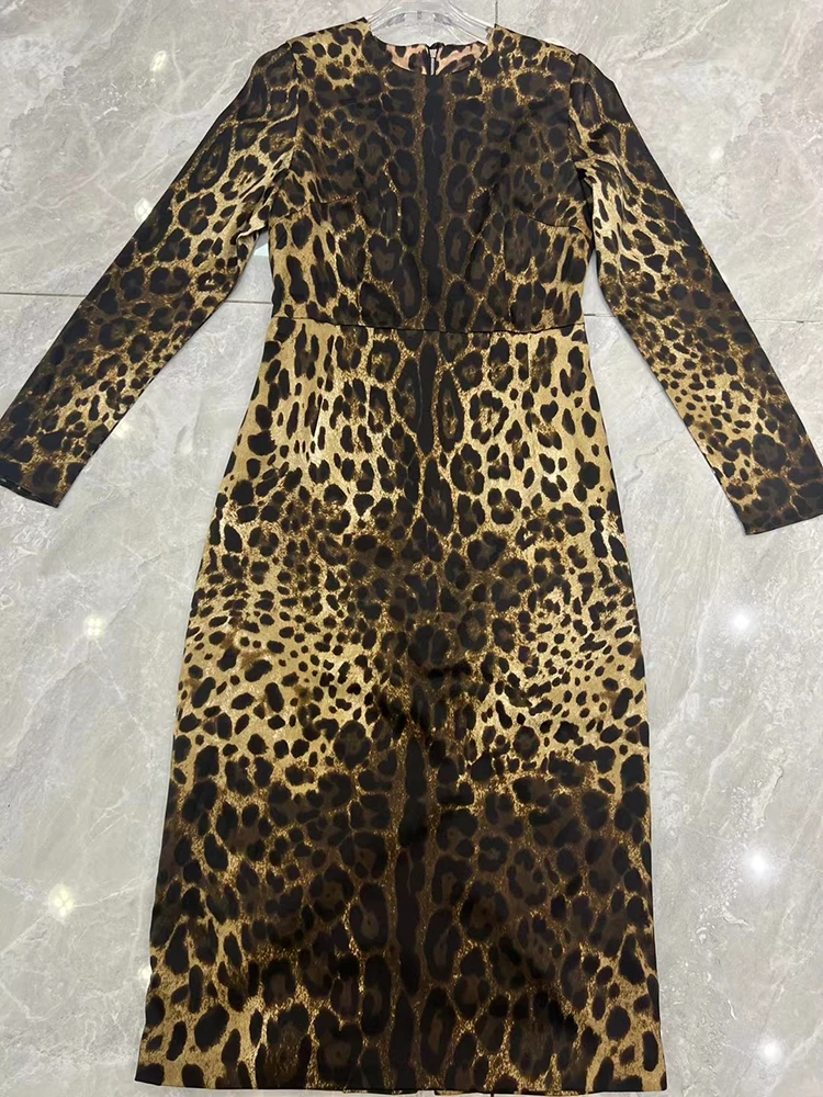 Abito da donna con stampa leopardata, 100% seta, o-collo, manica lunga, Midi High Street, elegante signora Sliming, autunno