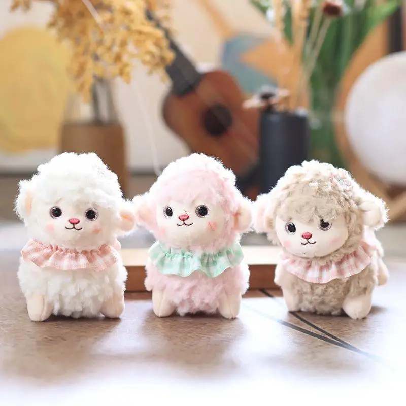 Soft Fluffy Lamb Plush Toy With Fuzzy Fabric Cute Plaid Ruffle Collar Perfect Kids Gift Bedroom Decor