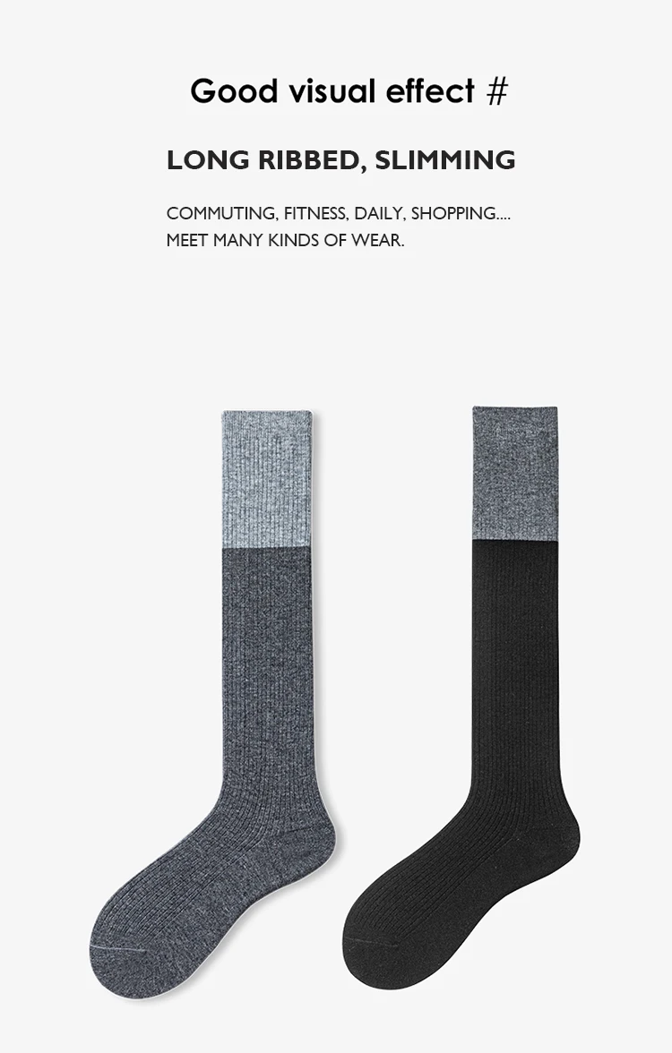 2-farbige Woll-Kniestrümpfe für Damen, gestrickte lange Socken, farblich abgestimmte gerippte warme Wintersocken, 1 Paar, weich, für den Urlaub – Detail 7