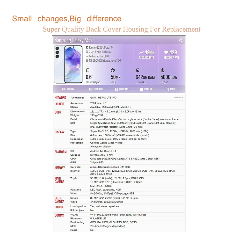 10 pz/lotto vera copertura per Samsung Galaxy A55 A556 coperchio posteriore alloggiamento della batteria sostituzione dell'alloggiamento del telaio della porta