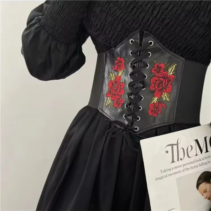 Cintura corsetto gotico da donna moda PU fiore ricamo vestito femminile dimagrante fascia in vita cintura larga nera Vintage per ragazza