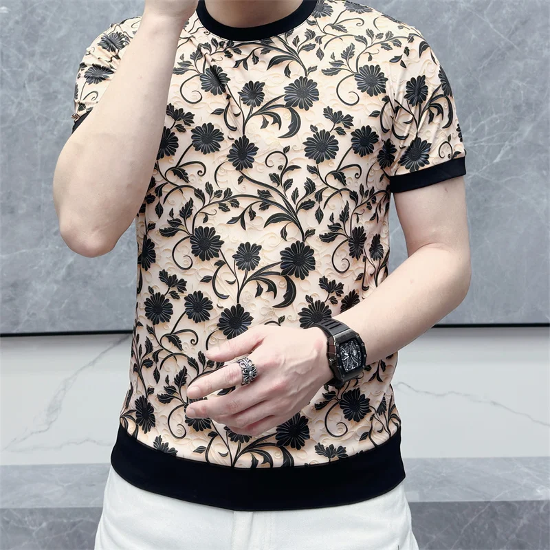 2024 Summer Thin Round Neck Men\'s T-shirts Retro Flower Jacquard Casual Elastic Tshirts Breathable Social Tee Tops Men Clothing