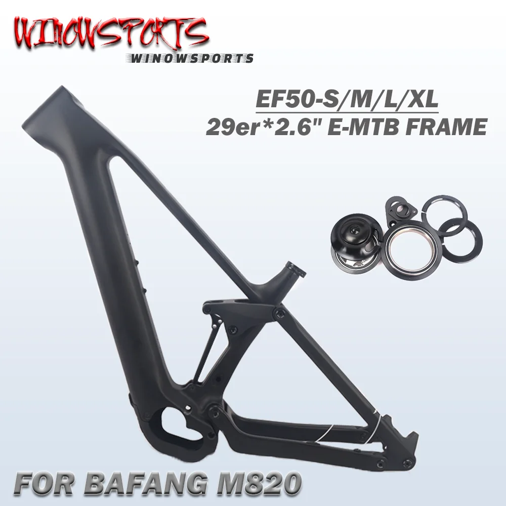 Winowsports E-MTB Bike Carbon Frame 29er Suspension Ebike frame Compatible with Bafang M820 Motor 410WH and F14 Battery