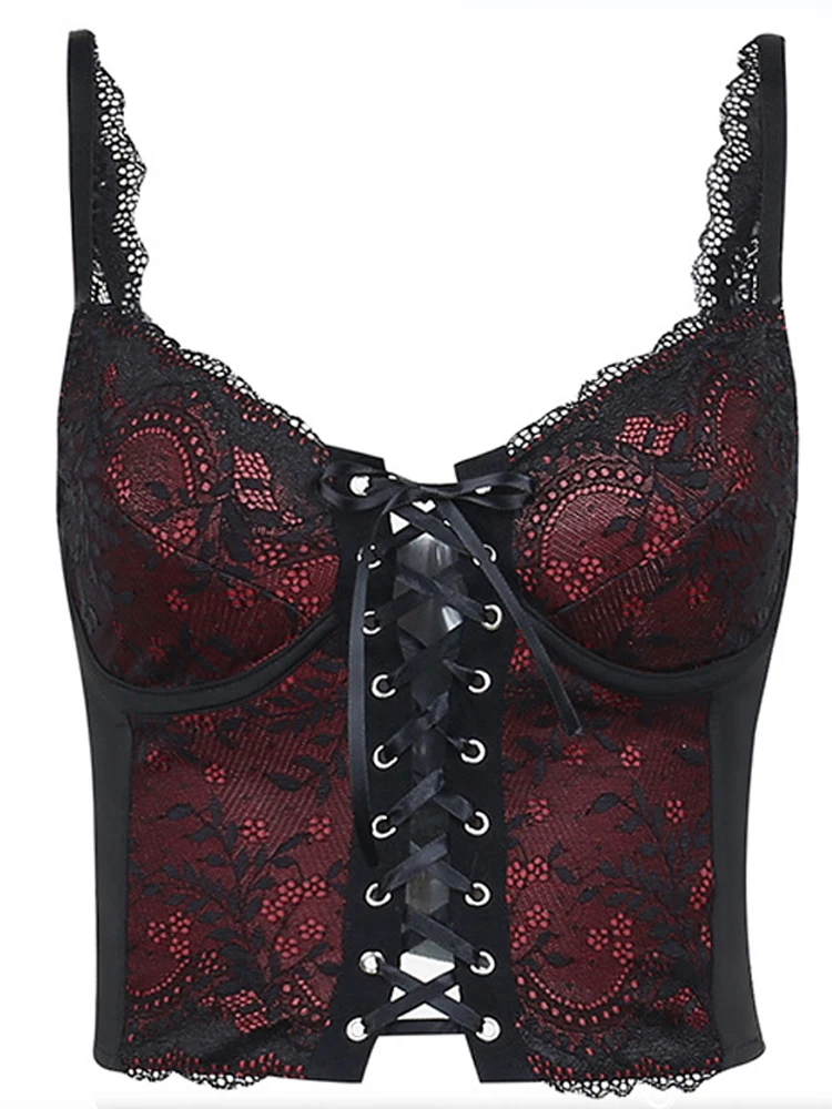 

2025 г. Темно-красный корсет на бретельках со шнуровкой, майки с цветочным принтом, футболка на бретельках в стиле Харадзюку, Y2K, укороченные топы в стиле ретро в стиле фея в стиле гранж