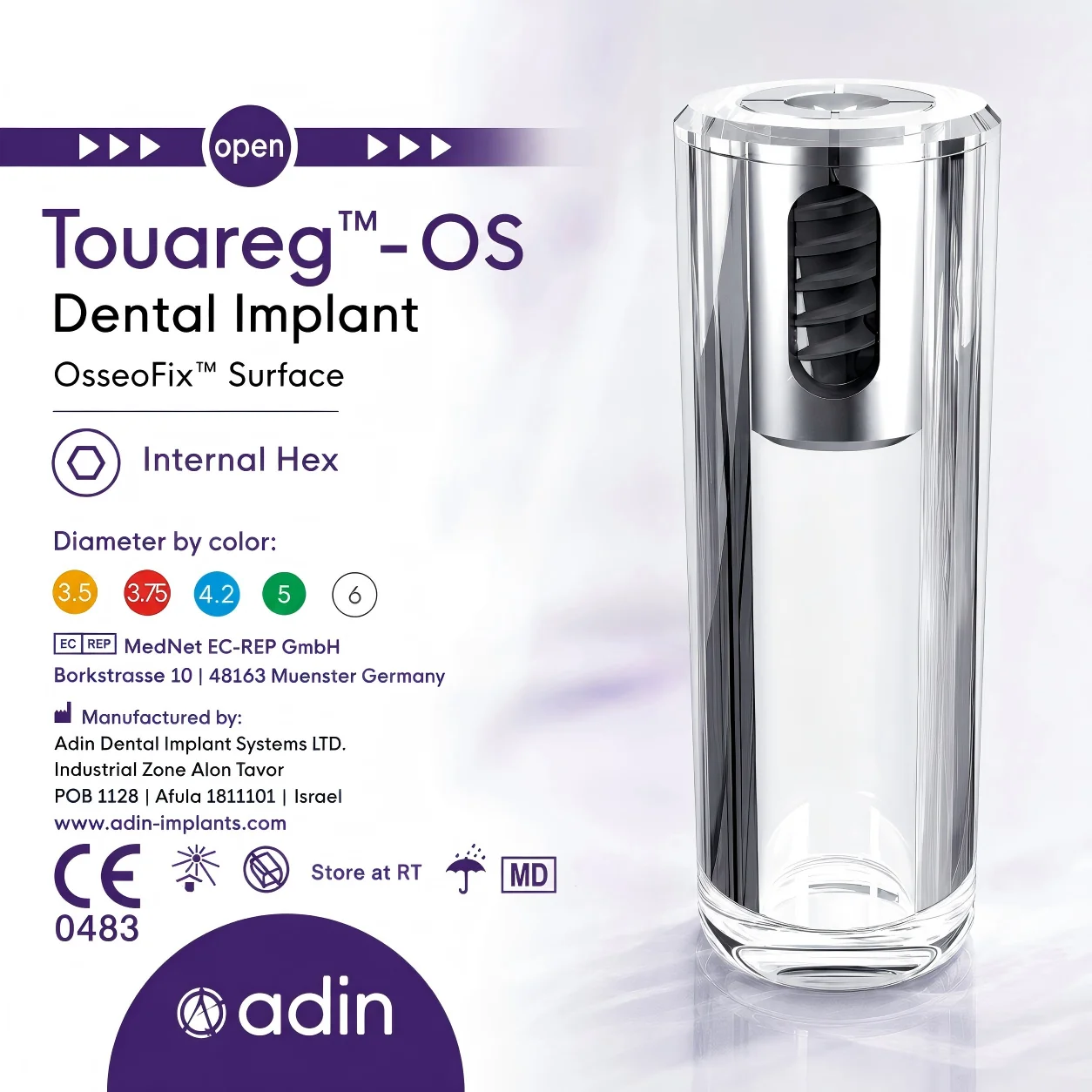 Adin Touareg-OS Titanium Implant, OsseoFix SLA Surface, Internal Hex Connection for Immediate Loading