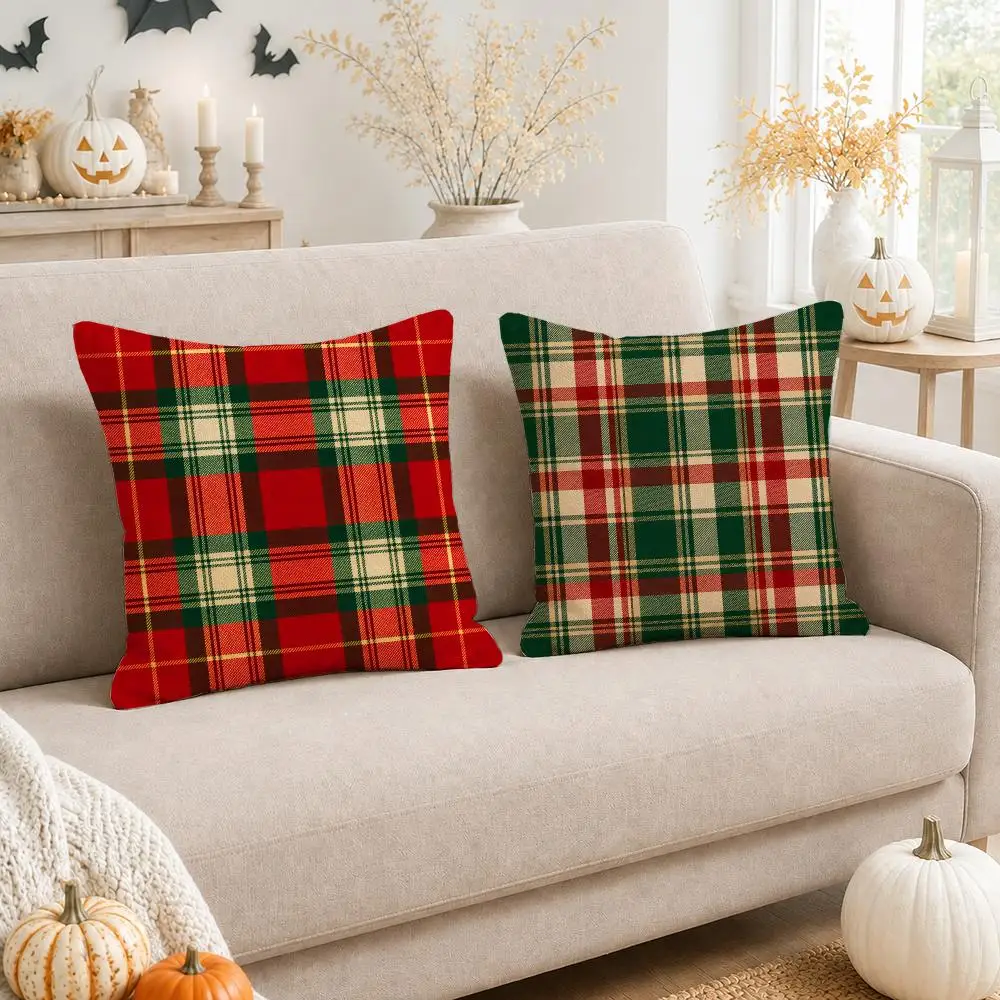 Christmas Retro Plaid Pattern Cushion Cover Linen Double-Sided Printed Pillow Case for Sofa Couch Bedroom Living Room