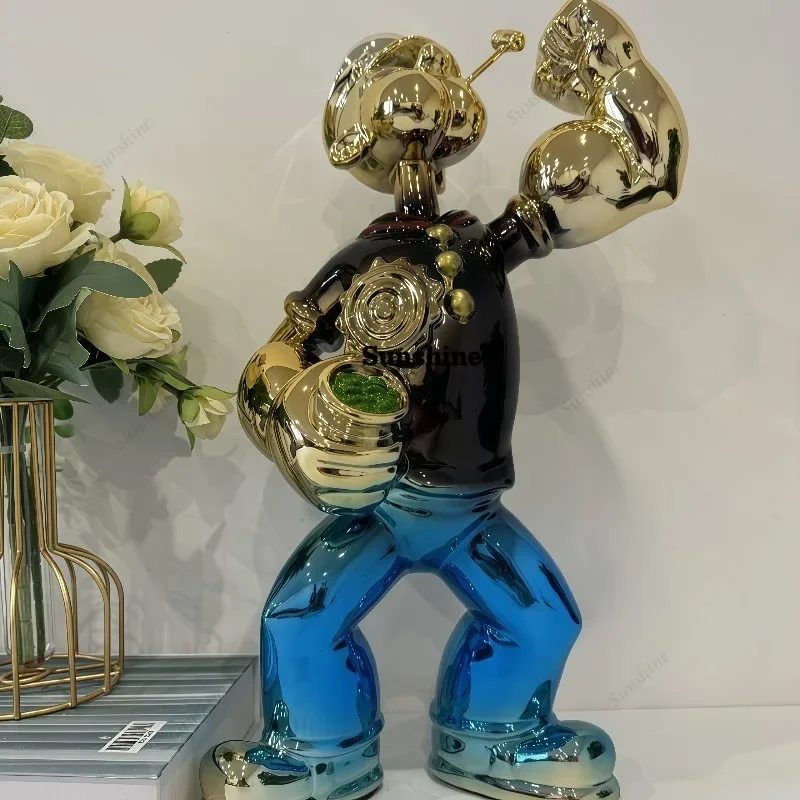 Electroplated Popeye Figurine Modern Home Decor Sculpture,Cartoon Sailor Man Statue with Spinach Can Luxury Tabletop Decor Gift