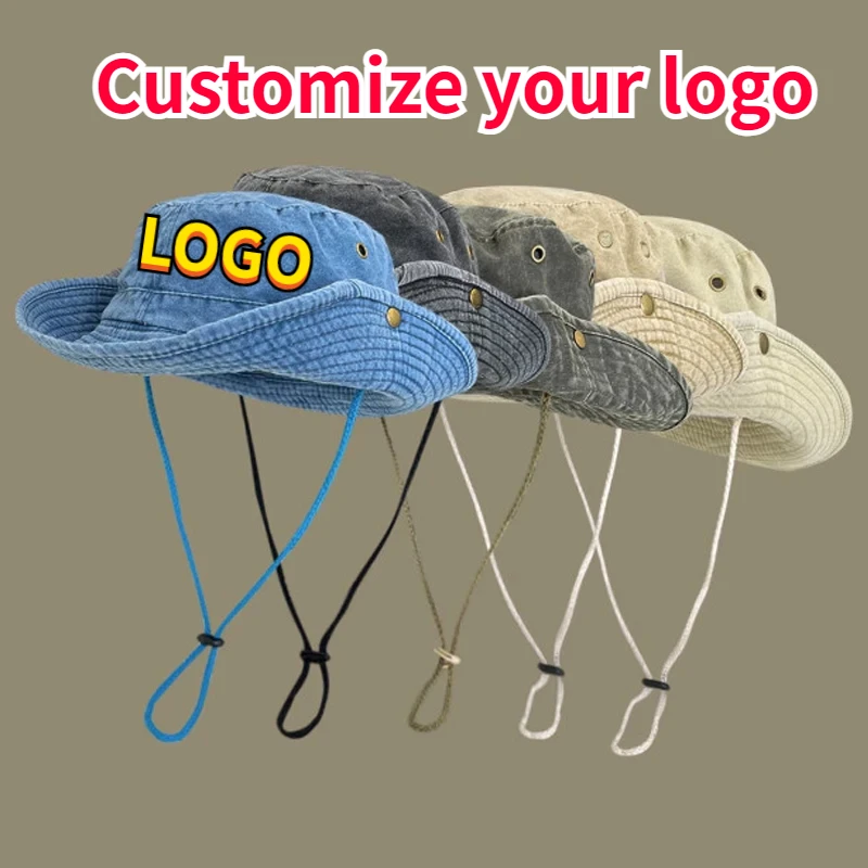 Customized Logo Bob Cowboy Hiking Bucket Hat with String Men Denim Beach Sun Hat Outdoor Couple Bob Panama Fisherman Hat