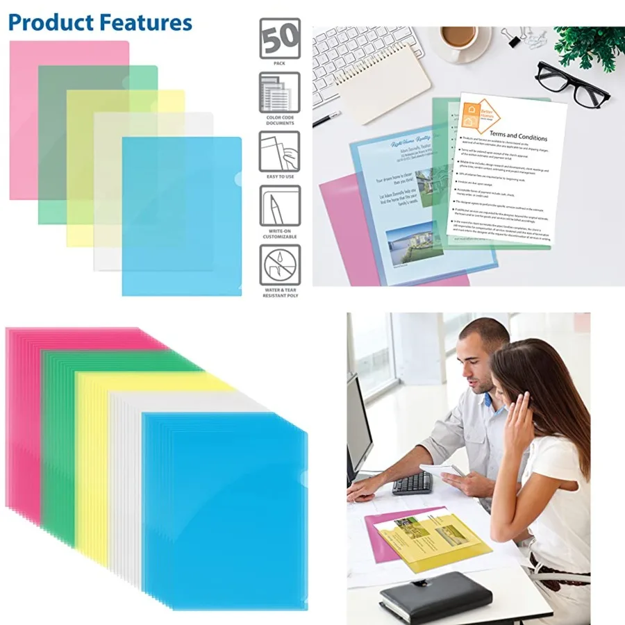 

Better Office Products Poly Project Pockets 50 Pack Plastic File Jacket Sleeves for Letter Size Paper Assorted 5 Translucent Co