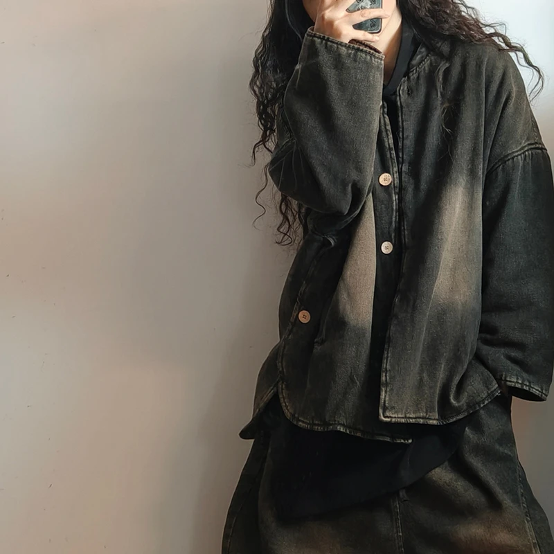 Neue Ankunft Winter Frauen Oansatz Einreiher Lange Ärmel Verdickt Parkas Lose Beiläufige Gute Qualität Baumwolle Denim Mäntel Y129