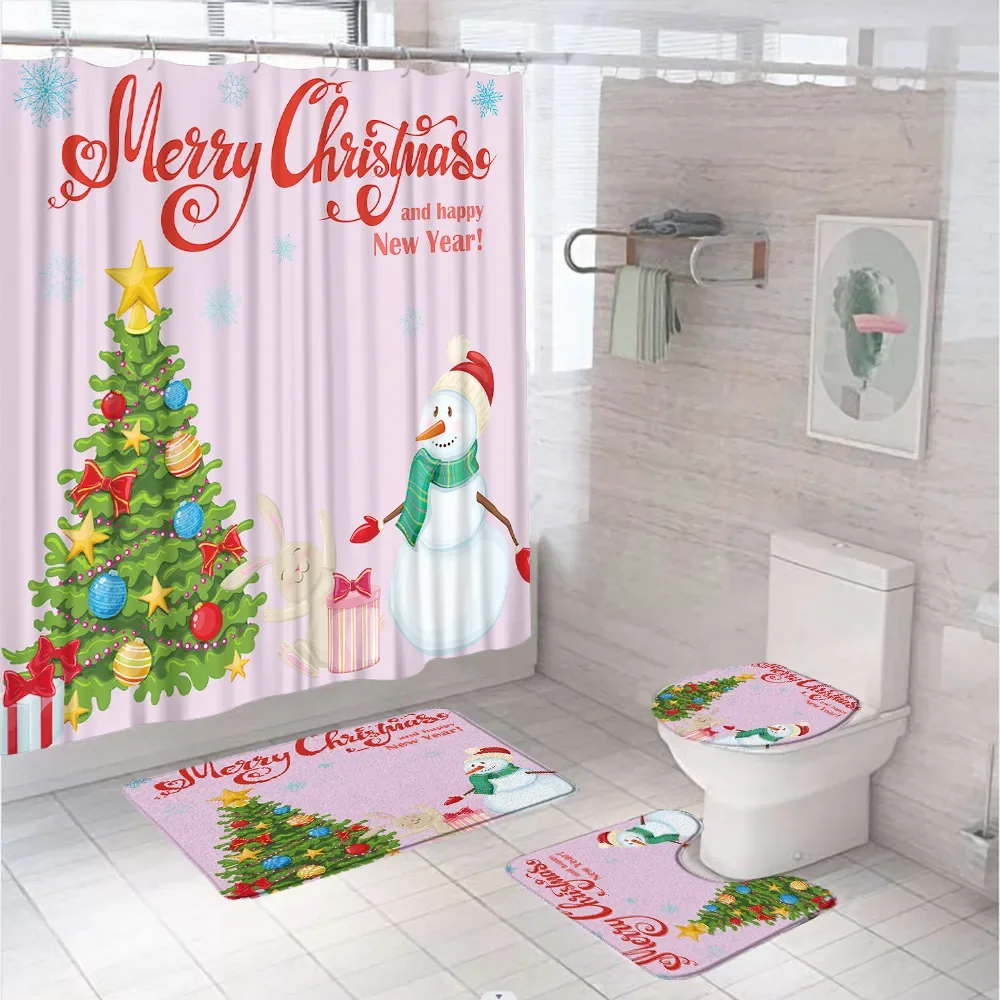 Christmas Santa Claus Shower Curtain Set With Rug Toilet Seat Cover Bath Mat Xmas Tree Snowflake Scenery Farmhouse Tubs Curtains