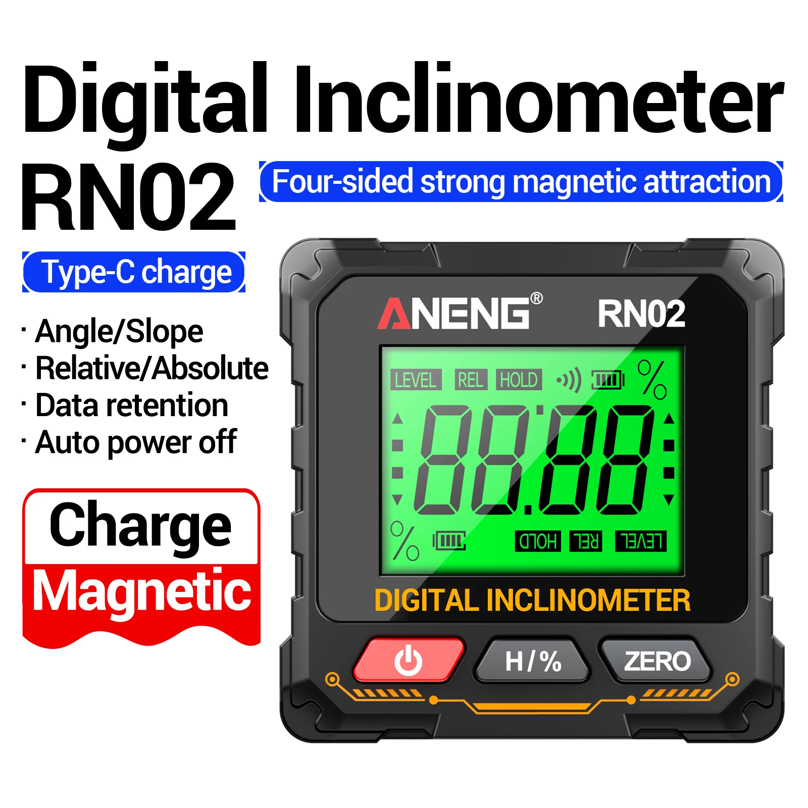 ANENG RN02/RN03 Digital Inclinometer 0.05°4 Sides Magnetic Backlit LCD Auto Flip Data Hold Calibration Rechargeable Angle Meter