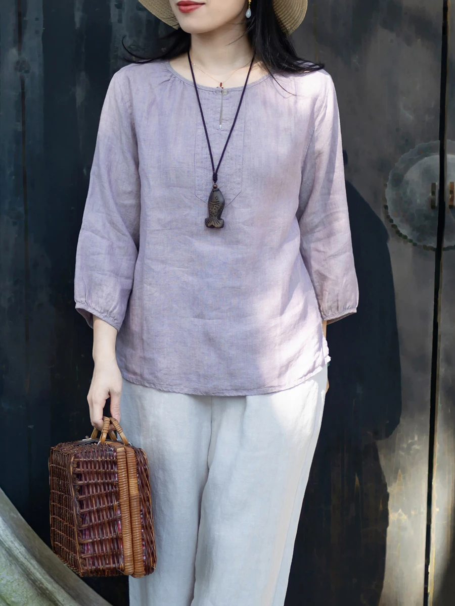 

Breathable Color Woven Han Hanma round Neck Lantern Sleeve Shirt Women Artistic Loose Fit Shirt Cotton Linen Blend Casual Shirt