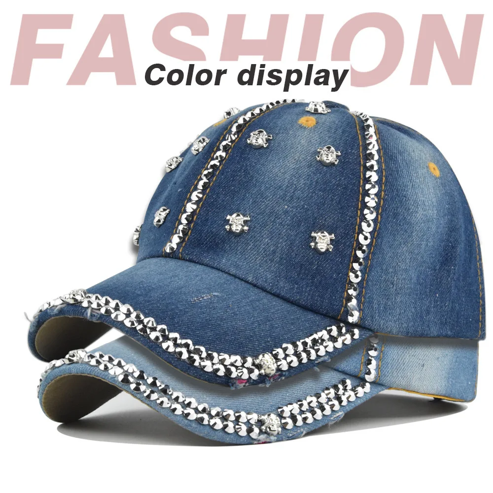 

Vintage Washed Distressed Hats Skull Head Rhinestone Shiny Baseball Distressed Denim Dad Hats Cap Couple Sun Hat