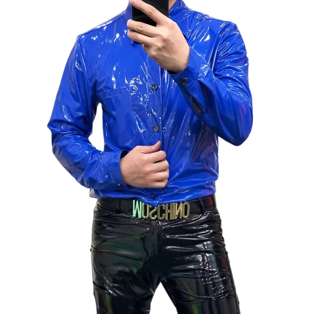 

Leather Shirt Reflective Glossy Black Male Slim Long Sleeve Nightclub Party Bar Singer PU Leather Shirts Plus Size