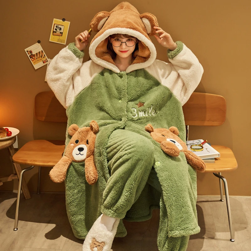 Winter Thicken Women Night-robe Pajamas Hooded Soft Warm Nightgown Sleepwear Kawaii Bear Pijama Mujer Plush  Female Loungewear