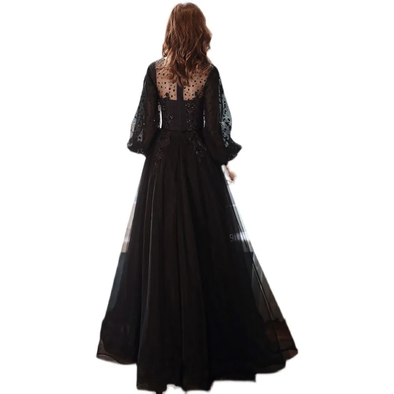 Vestido de quinceañera negro de estilo francés para mujer, lentejuelas, cremallera, mangas largas, vestidos de regreso a casa, exquisito y elegante vestido de noche