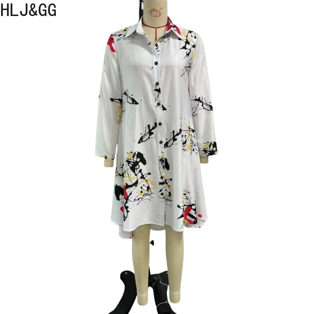 HLJ&GG White Casual Print Irregular Shirts Dresses Women Lapel Button Long Sleeve Loose Vestidos Autumn New Female OL Clothing