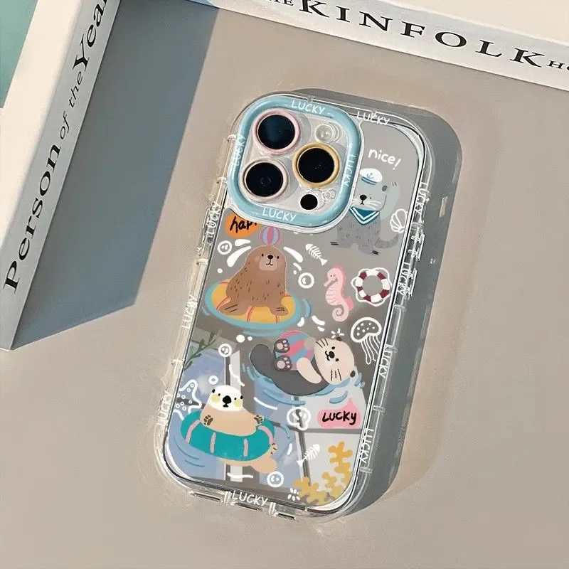 Swimming animals Cartoon Cute Kawaii Makeup Mirror Phone Case For iPhone 17 Air 16 15 14 13 12 11 Pro XR Max 7 8 Plus Y2K Cover