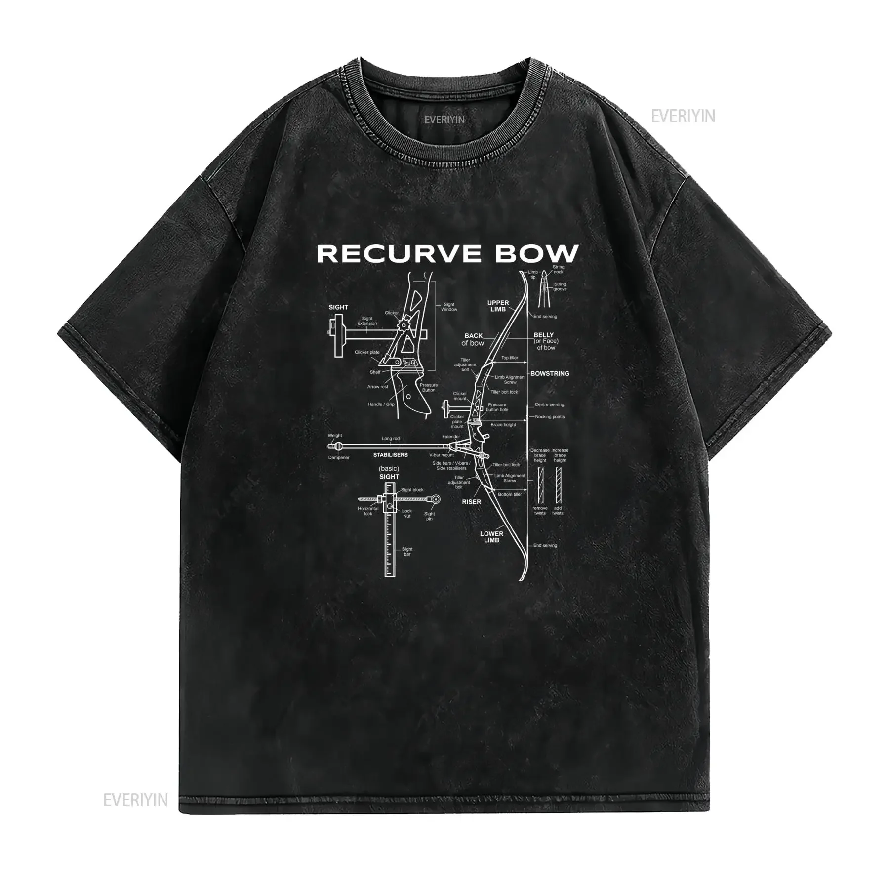 Cool Recurve Bow Blueprint Line Art Archery Sport Print Casual T Shirt vintage Washed streetwear Comfortable Slightly