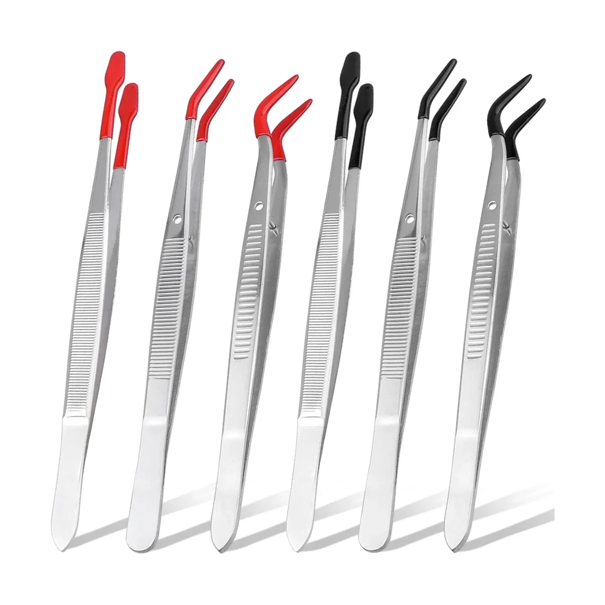 6Pieces Stainless Steel Tweezers with Rubber Tips,PVC Coated Flat Tip Tweezers Bent & Small Elbow Tweezers Tool Set