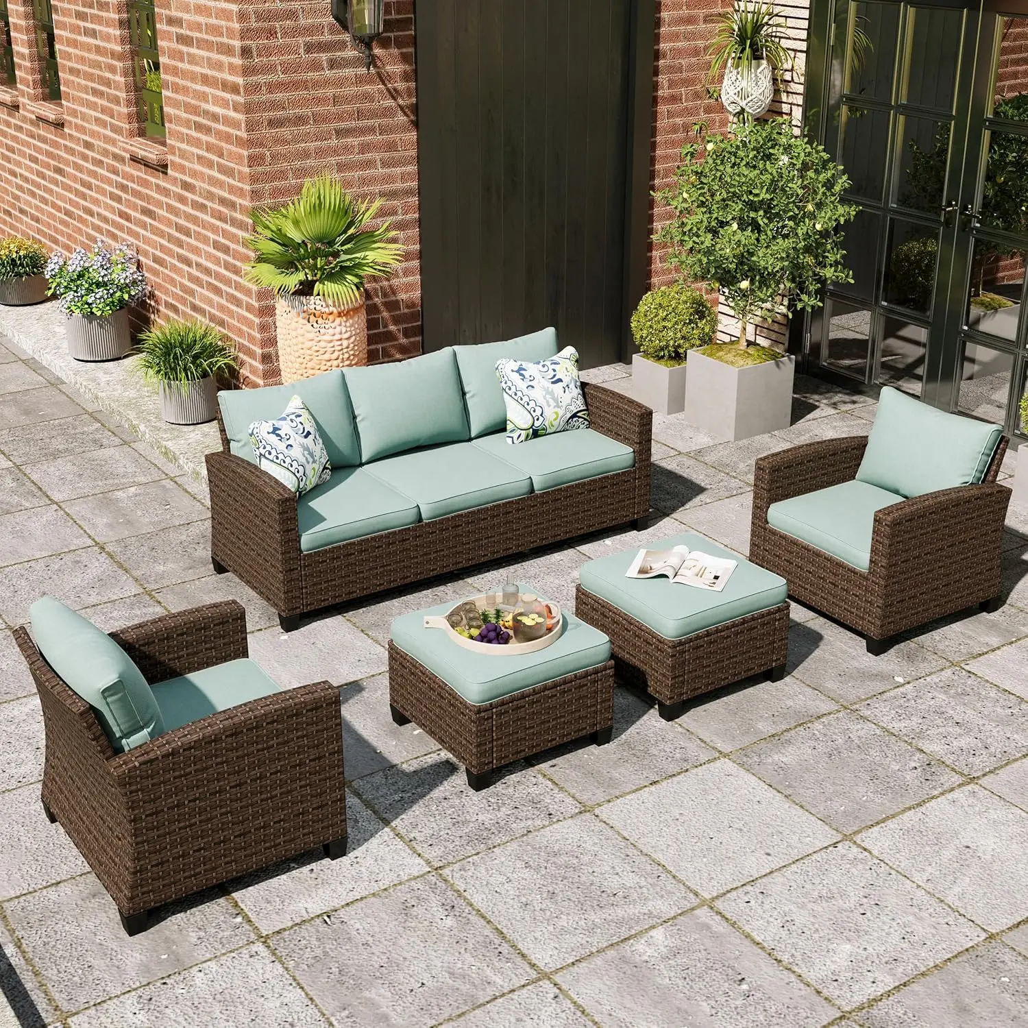 

5 Pcs Patio Furniture Set, 2 x Leg Chairs, 1 x 3 Seater Sofa and 2 x Ottoman with 4" Thick Cushion for Garden Backyard Deck