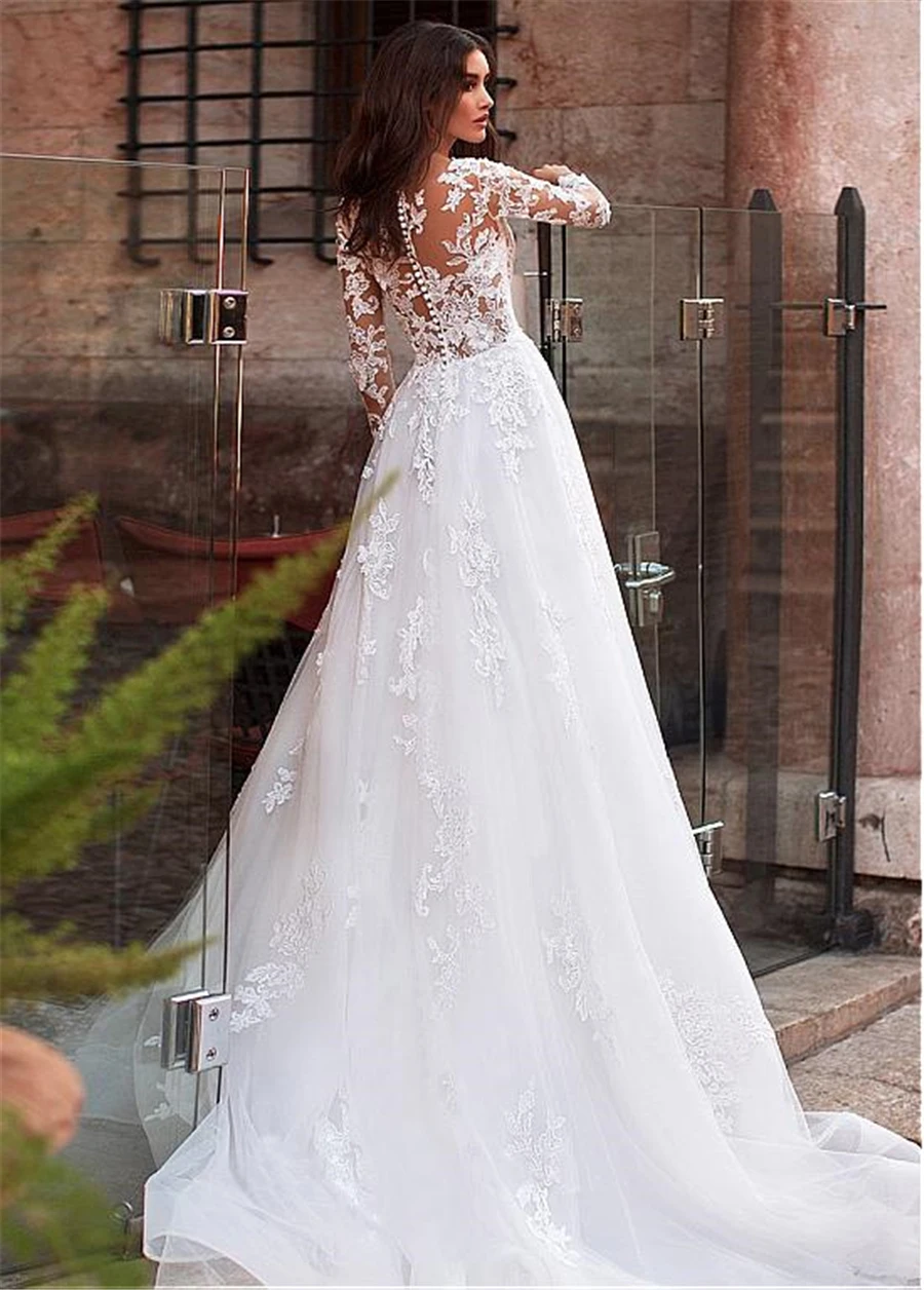 Vestido de novia de tul transparente con escote de joyas, vestido de novia con apliques de encaje y abalorios, mangas largas nup