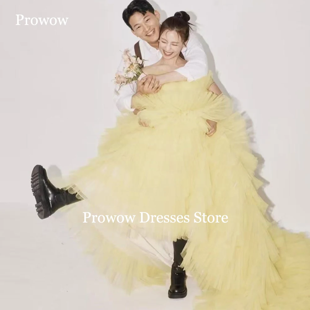 

Prowow 2025 Strapless Yellow Korea Lady Prom Dresses Photo Shoot Tulle Tiered Pleat Garden Evening Gowns Sweep Train Customized