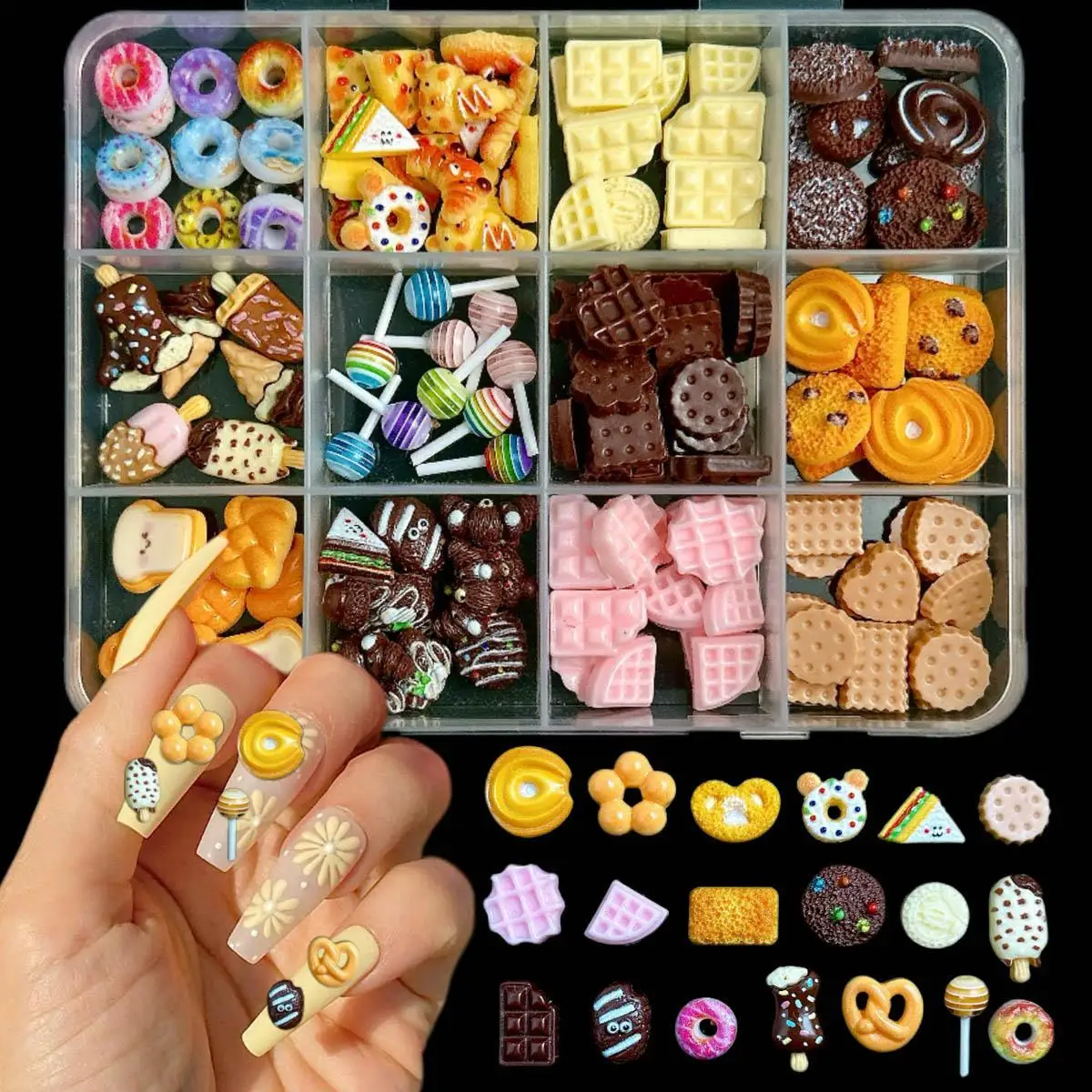 

1Box Creative Simulated Chocolate Cookies Donuts Resin Nail Art Decorations Colorful Bows Hollowed Star Mixed Nails Charms DIY