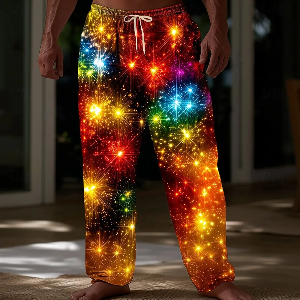 Christmas Men's Sparkling Glitter Christmas Light Pants Trousers Casual Pants Mid Waist Drawstring Casual Straight Leg Trousers