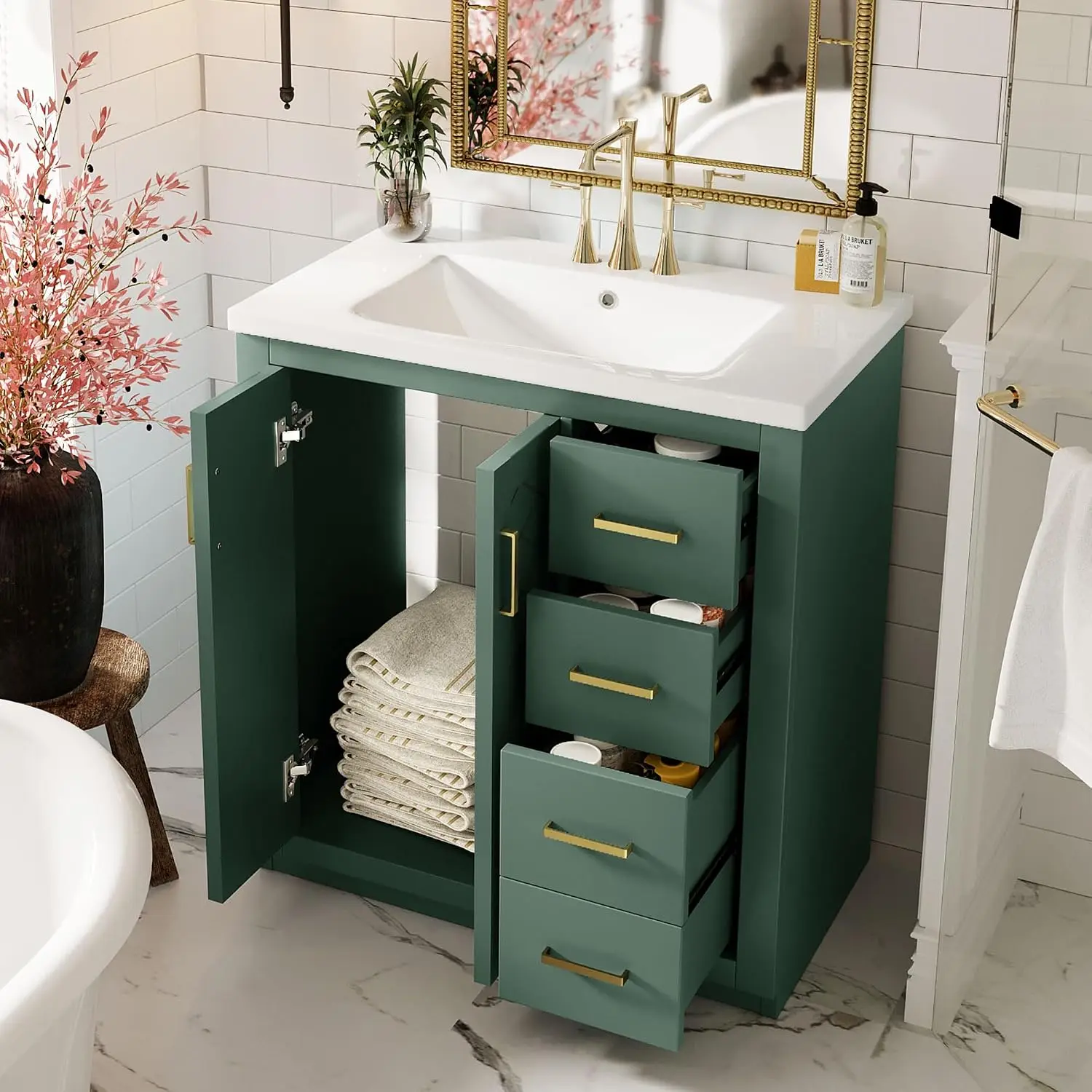 with Herringbone Pattern Soft Closing Doors,3 Right Drawers,Ceramic Countertop,Solid Wood Frame,Floor-Standing, Customized