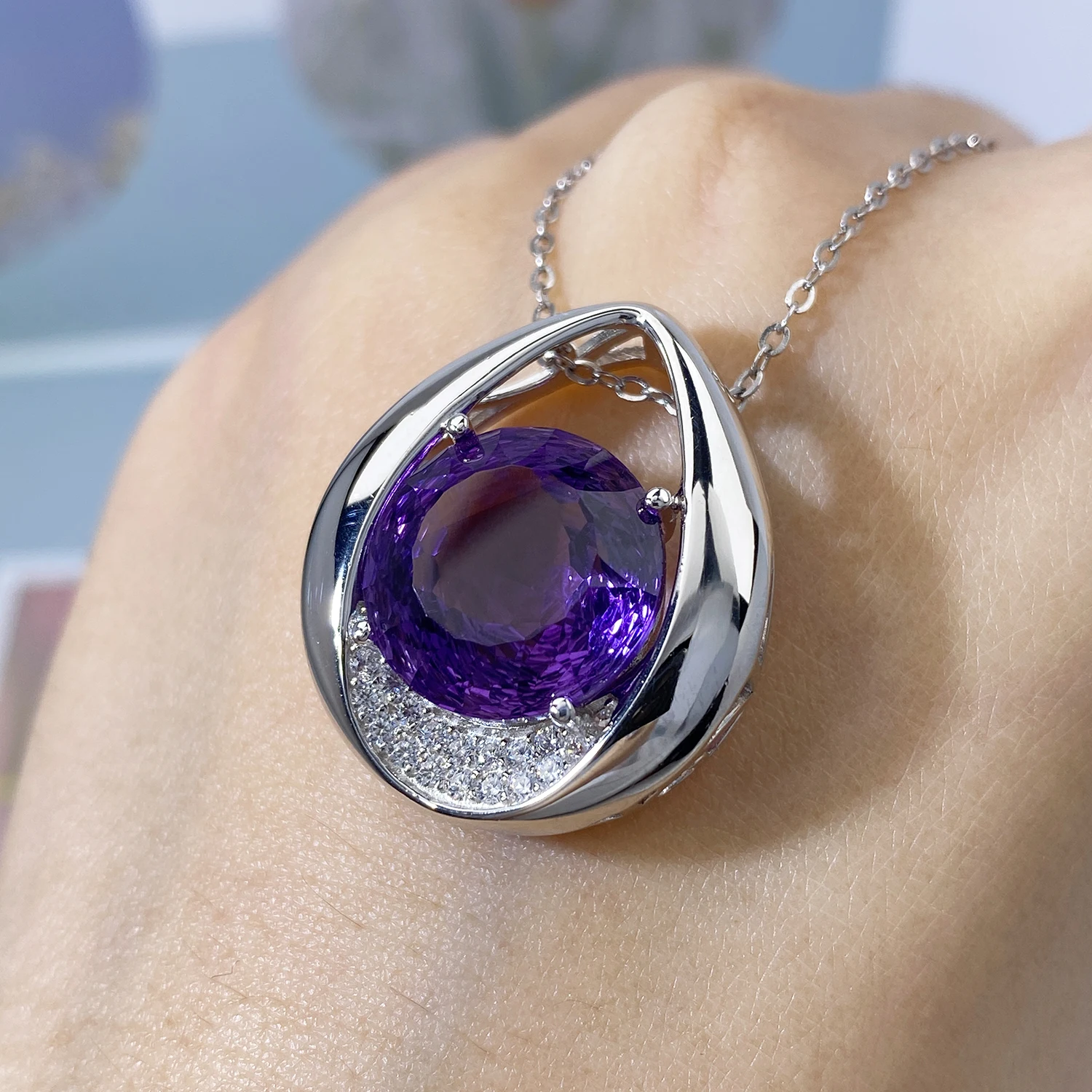 YBO 14mm Natural Amethyst Crystal Necklaces Women 925 Sterling Silver Big Gemstones Pendants Necklaces Wedding Luxury Jewelry