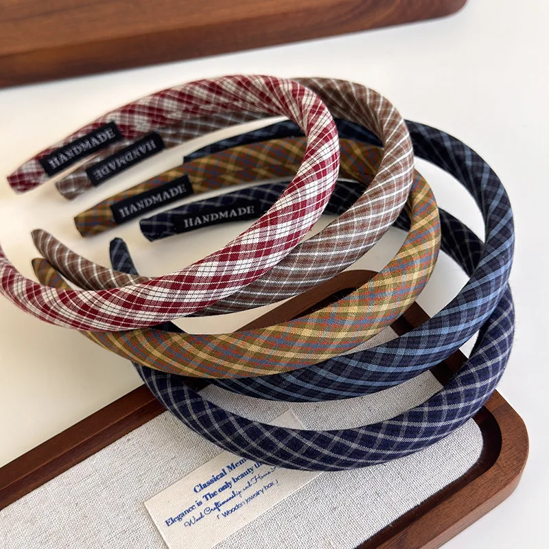 Retro College Style Thin Check Pattern Headbands Sweet Versatile Color Plaid Sponge Hair Hoop For Womens Girls Fashion Hair Band