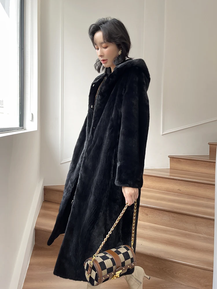 Fangtai 2023 New Winter Import Velvet Mink Fur Coat Women Hooded Hree Shipping Promotion Loss X-Long Natural Real Mink Fur Coats