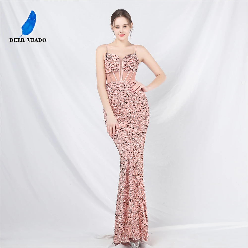 

DEERVEADO Mermaid Strap V Neck Sequins Evening Dress for Woman Elegant Formal Party Maxi Dress for Speical Events Evening Gown