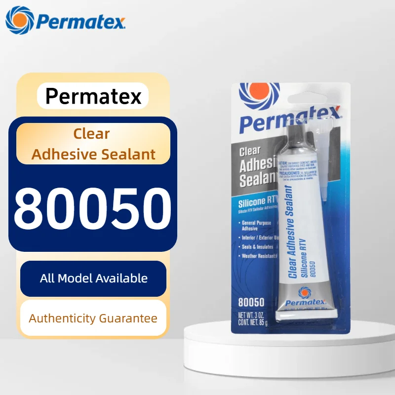 Permatex 80050 Sellador Adhesivo de Silicona RTV Transparente 3oz, Pegamento Flexible Impermeable para Vidrio, Metal, Plástico y Vinilo