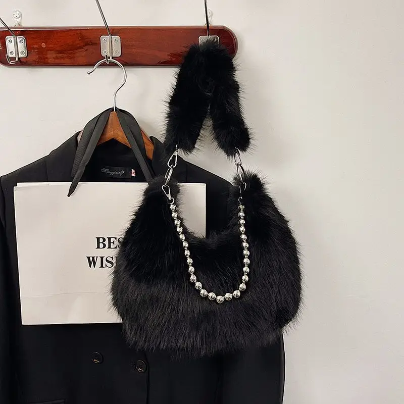 Chic Plush Fluffy Shoulder Bag for Women - Pearl & Chain Mini Purse Elegant Casual Soft Handbag